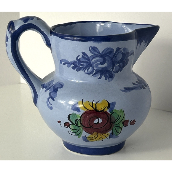 Vestal Alcobaca Portugal Pottery Drink Pitcher Blue Floral Red Flower - Picture 3 of 6